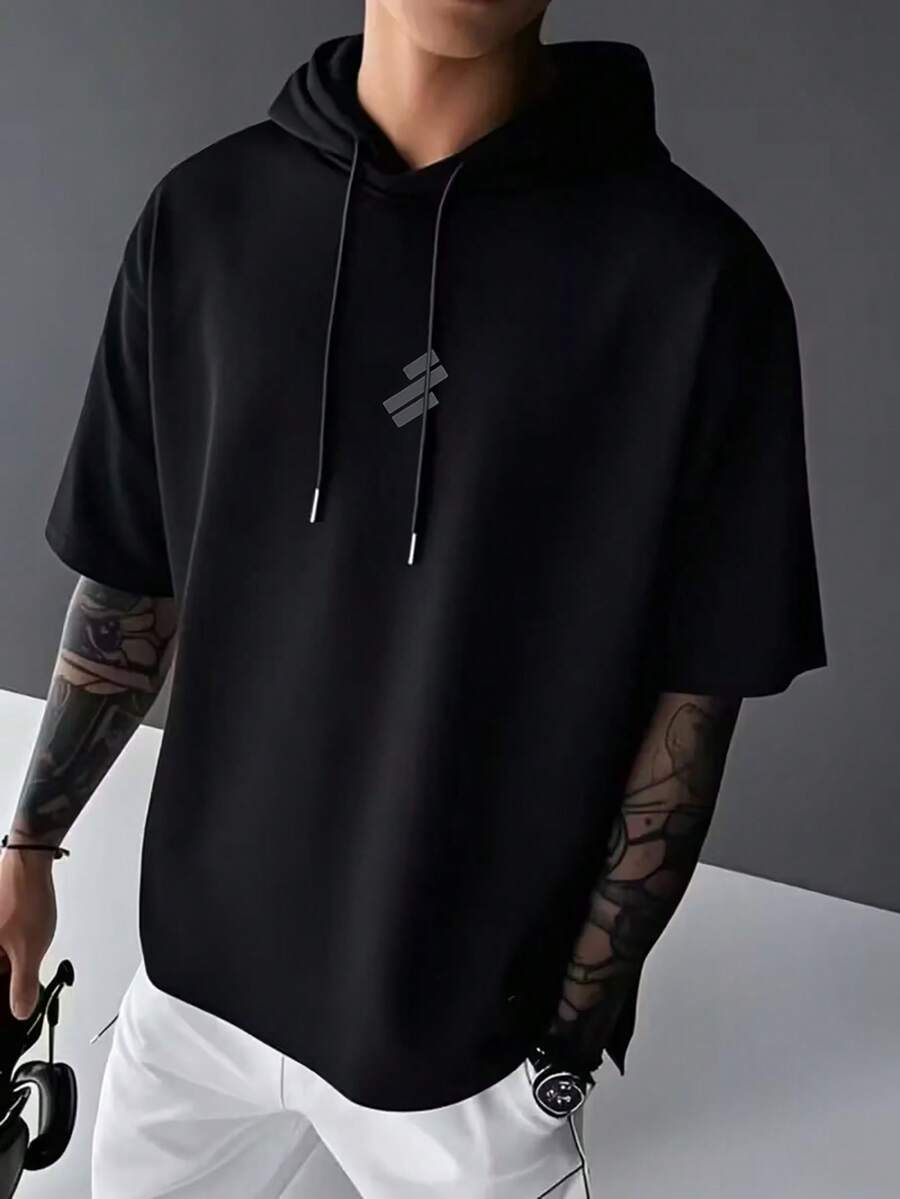 男士夏季多功能连帽T恤，印花图案，适合日常通勤和居家穿着 - 黑色 - 查看 1