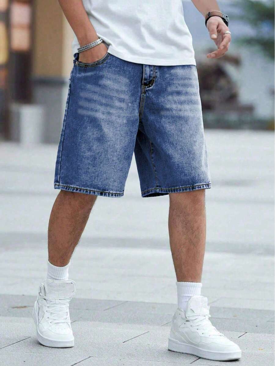 Quần short denim ống đứng dáng ôm vừa vặn màu xanh thép sáng phong cách Châu Âu & Mỹ dành cho thanh thiếu niên - Rửa trung bình - Xem 1