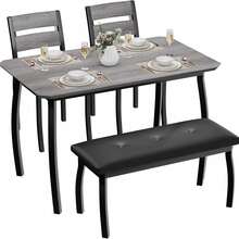 Set de Mesa de Comedor para 4 Personas, Mesa de Cocina con Estructura de Metal y 2 Sillas + Banqueta Tapizada, Diseño con Bordeado, Mobiliario de Comedor Ahorrador de Espacio para Pequeños Espacios - Gris - Ver 9