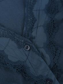 ii Casual Solid Color Lace Patchwork Ruffle Trim Long Sleeve Blouse Spring - Navy Blue - View 9