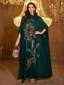 UNITHORSE Women's Stand Collar Long Sleeve Embroidered Evening Dress - Dark Green - View 1