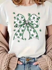 St Patrick's Day Bow T-Shirt With Clover Pattern Women's Casual White Top Spring Fashion Shirt Lucky Green Design220g - trắng - Xem 2