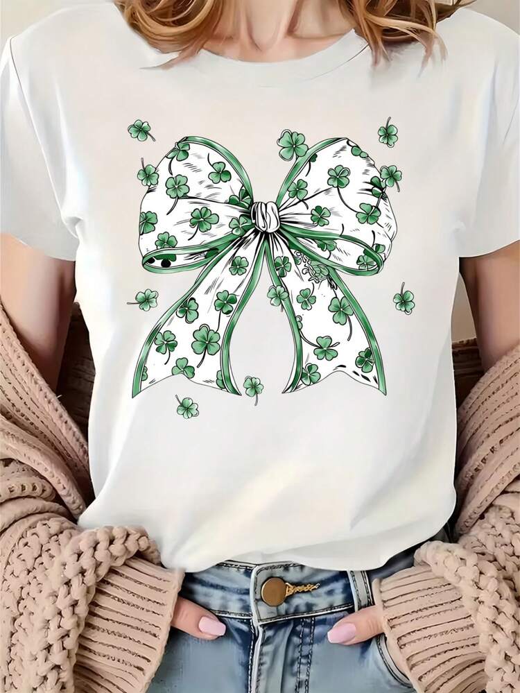 St Patrick's Day Bow T-Shirt With Clover Pattern Women's Casual White Top Spring Fashion Shirt Lucky Green Design220g - 白色 - 查看 2