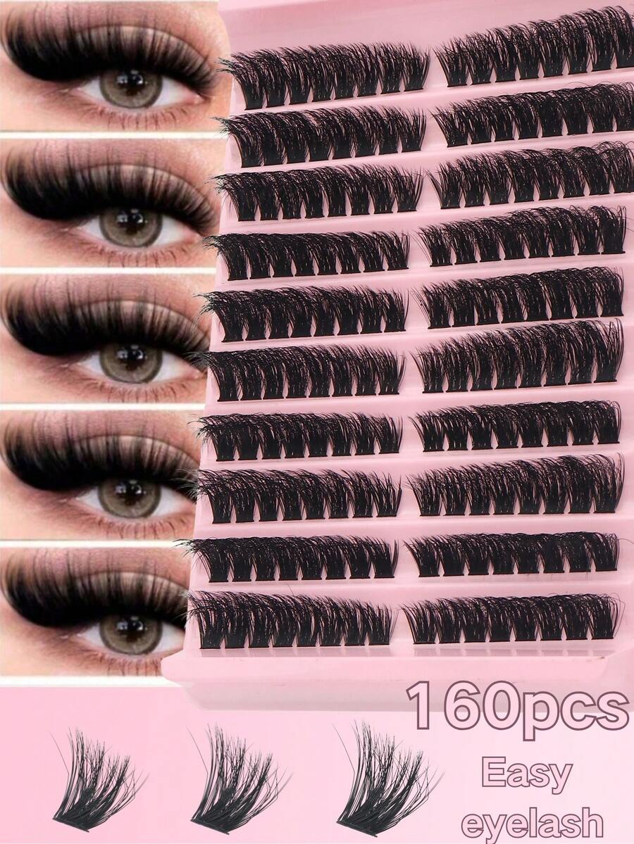160片蓬松浓密假睫毛套装，3D单根仿貂毛假睫毛，D型卷翘，长度10mm-18mm，打造浓密卷翘睫毛，100D浓密假貂毛睫毛，3D效果单根簇状假睫毛，适用于DIY睫毛嫁接，睫毛簇，单根睫毛，假睫毛 - D - 查看 1