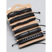 6 Pieces Of Vintage Black Woven Leather Bracelet DIY Combination Set, Unisex For Men And Women - 黑色 - 查看 6