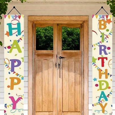1 Pair Of Birthday Background Couplets, Background Design With Colorful "Happy Birthday" Text, High-Definition Printing On Polyester Fabric, Suitable For Birthday Parties, Entrance Doors And Courtyard Decorations