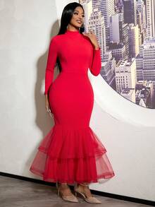 Vestido de sirena elegante rojo de malla con capas para mujer, de cuello alto, manga larga y estilo ajustado, adecuado para invitados de boda y el Día de San Valentín - Rojo - Ver 5