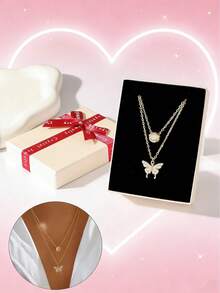 1pc Gold-Plated Women's Necklace, Butterfly & Flower Chain Necklace, Mother's Day Gift, Jewelry Gift Box - Golden 2 - View 1