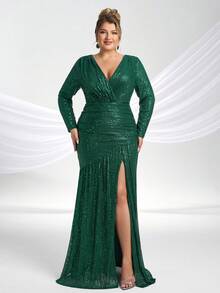 YISIKADO Plus Size V-Neck Long Sleeve Sequin Decor Mermaid Maxi Dress - Dark Green - View 4