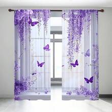 2 pièces Rideaux Papillon Violet et Fleur de Glycine, Multifonctionnel 100% Polyester, Convient pour la Décoration Artistique et l'Utilisation en Fête, Convient pour la Chambre, le Salon, le Bureau - Décoration d'Intérieur pour Adolescents et Adultes, Rideaux de Décoration d'Intérieur Multifonctionnels, Bonne Transmission de la Lumière, Convient pour Toutes les Saisons, Poche à Tringle, Protection de la Vie Privée - Multicolore - Voir 1