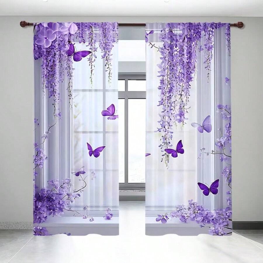 2 pièces Rideaux Papillon Violet et Fleur de Glycine, Multifonctionnel 100% Polyester, Convient pour la Décoration Artistique et l'Utilisation en Fête, Convient pour la Chambre, le Salon, le Bureau - Décoration d'Intérieur pour Adolescents et Adultes, Rideaux de Décoration d'Intérieur Multifonctionnels, Bonne Transmission de la Lumière, Convient pour Toutes les Saisons, Poche à Tringle, Protection de la Vie Privée - Multicolore - Voir 1