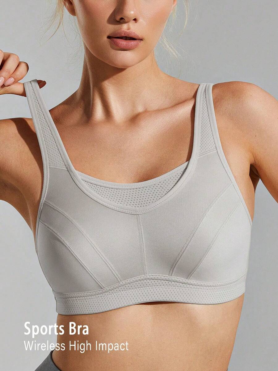 Wingslove Sujetador deportivo de alto impacto para mujer de talla grande, sin alambres y sin relleno, diseño de cobertura total, con tirantes anchos y espalda en forma de U, transpirable y cómodo para correr y hacer ejercicio - Gris - Ver 1