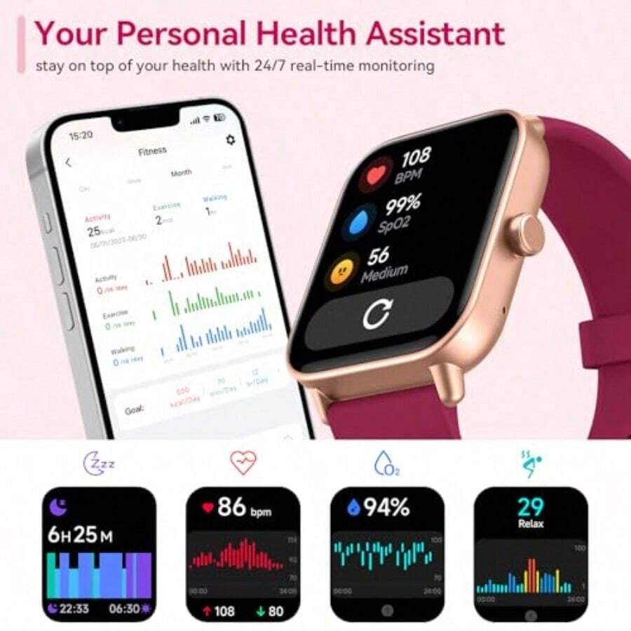 Reloj inteligente con Alexa integrada llamada Bluetooth estable nuevo con monitor de frecuencia cardíaca/SpO2/estrés/sueño 100 deportes relojes inteligentes impermeables IP68 para iOS Android-003 - Rojo - Ver 1
