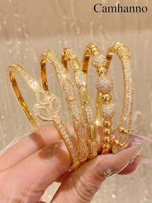 Camhanno 5/1pc Golden Jewelry Set, Elegant Copper Bangle, Perfect For Daily Commuting, Ideal Valentine's Day Gift With Intricate Woven , Subtle Sparkling - Gold - View 8