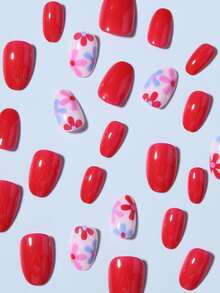 24片Y2K风格短款椭圆形彩色花卉图案法式美甲贴纸，完美贴合设计，包含1瓶胶水和1个指甲锉，适合女性和女孩日常工作、学习和派对佩戴。 - 彩色 - 查看 5