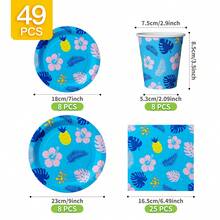 Hawaiian Hibiscus & Pineapple Pattern Disposable Plate, Napkin, Cup Set, Serves 8 Guests, Suitable For Birthday, Wedding, Party, Family Picnic - Multicolor - View 7