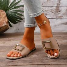 Teenage Girls' Fashion Simple Square Buckle Slippers, New Flat Beach Sandals, Soft Bottom Lightweight Summer Versatile Student Slides - Khaki - View 3