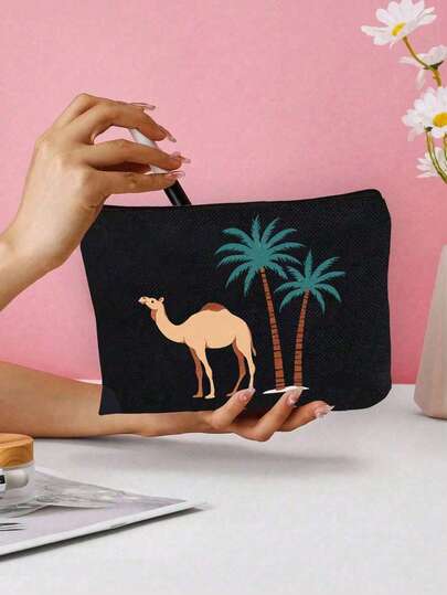 骆驼椰子树图案化妆包，旅行化妆包，卡通趣味多功能帆布包，充电器收纳包，旅行必备化妆包：女孩旅行必备包，男女通用拉链包，化妆品，轻便旅行必备收纳包，青少年完美礼物，生日和旅行配件，节日礼物，适合海滩和旅行用途