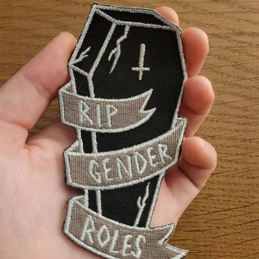 "RIP Gender Roles 10.16cm Iron-On Embroidered Patch - Spooky Gothic Punk Style For DIY Clothing, Backpacks & Jeans" - A - View 1