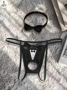 Tanga sexy y cómodo para hombres con patrón de lazo hueco y collar - Negro - Ver 1