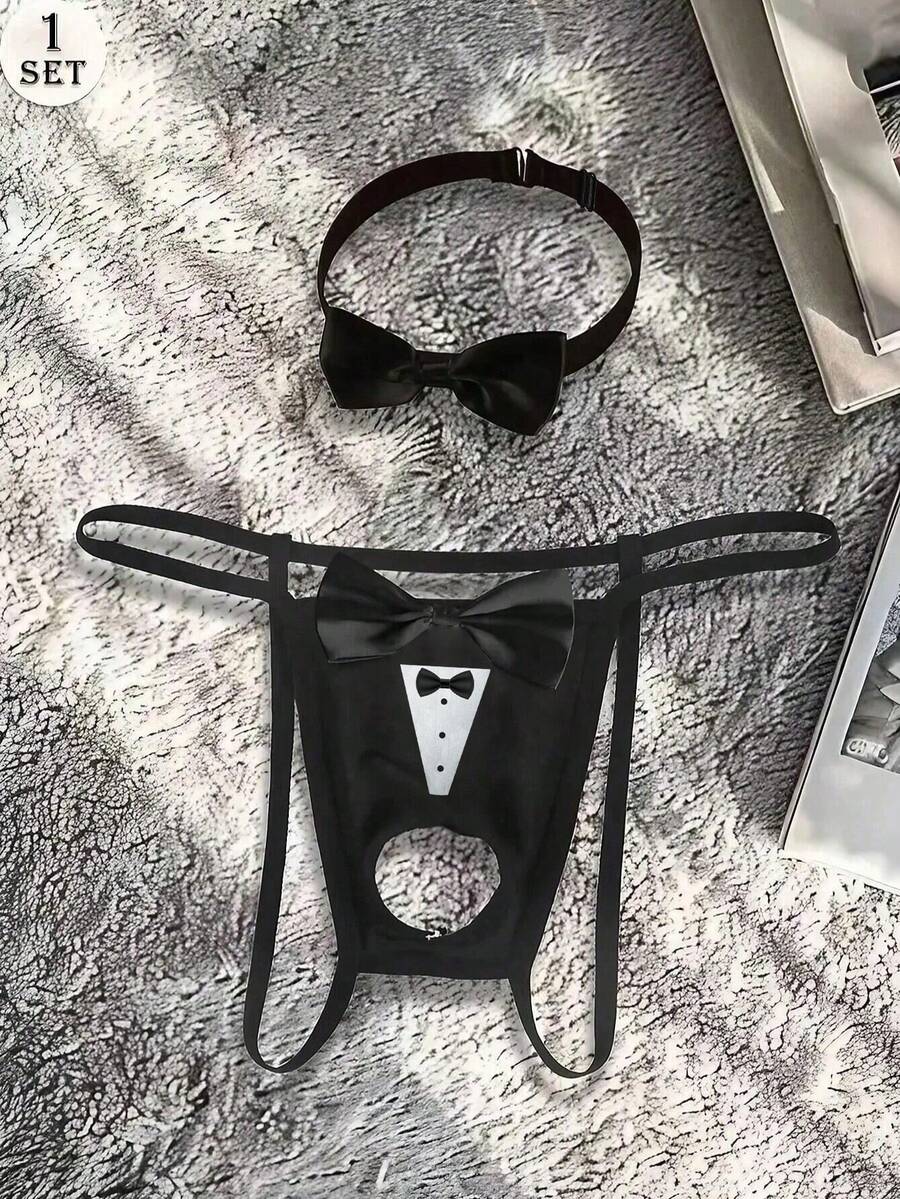 Tanga sexy y cómodo para hombres con patrón de lazo hueco y collar - Negro - Ver 1