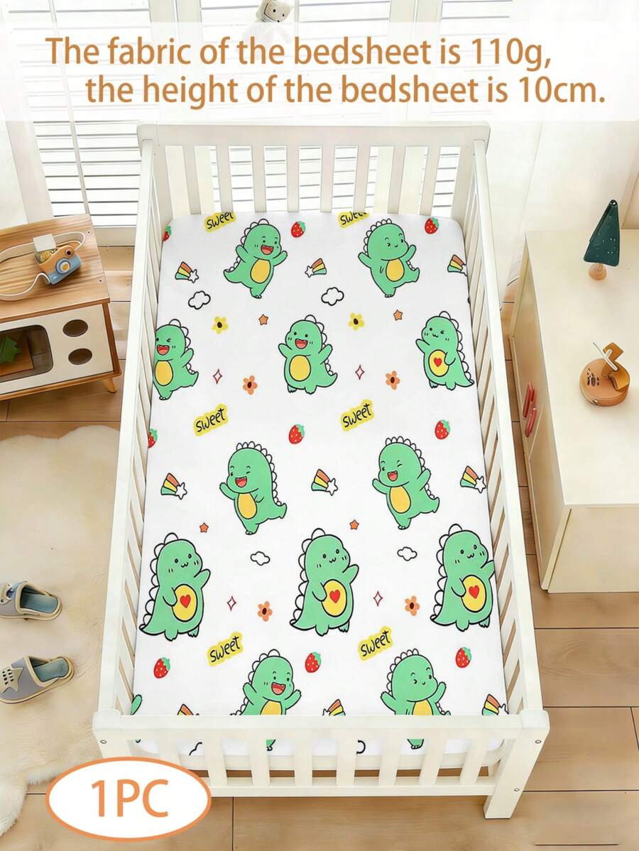1 pieza Sábana individual de tela para bebé de 110g, sábana individual con estampado de dinosaurios de dibujos animados, material de poliéster, impresión digital, adecuada para bebés, cunas, regalos, todas las estaciones. Sin funda de almohada. - Multicolor - Ver 1
