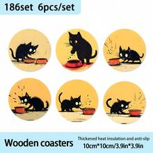 6-Piece Set Of Heat-Insulating Wooden Coasters With Cute Black Cat Design, Suitable For Home, Office, And Party Drinks, High-Quality Coasters, Perfect Holiday Gift - Wooden Board-circle Coaster - View 10