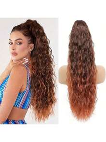 26英寸长卷曲波浪抽绳马尾假发，合成假发，适合女性日常佩戴 - 彩色 - 查看 1