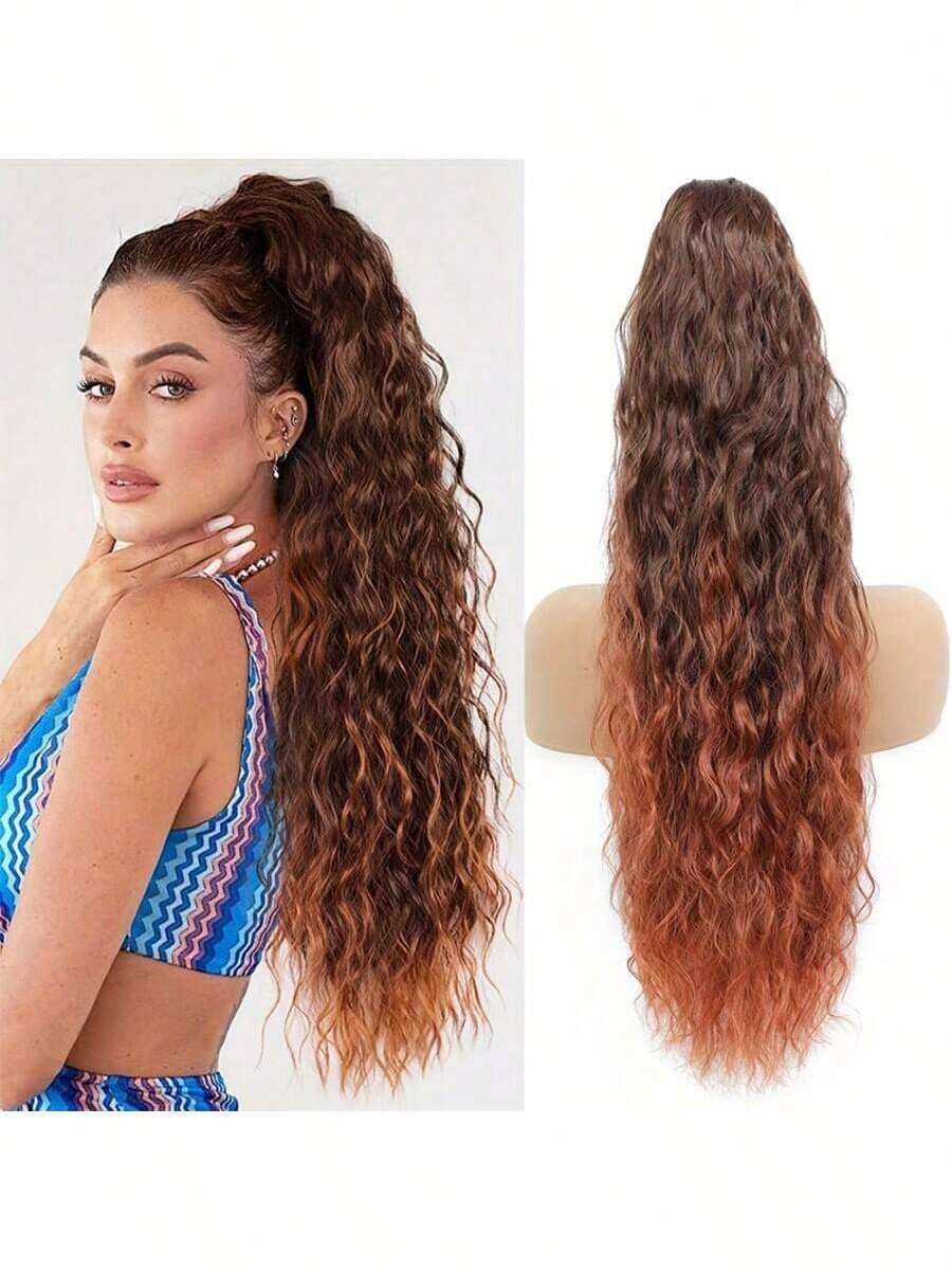 26英寸长卷曲波浪抽绳马尾假发，合成假发，适合女性日常佩戴 - 彩色 - 查看 1
