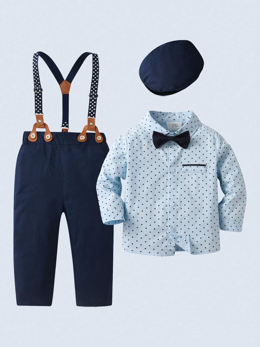 BOARNSEORL 2 件套年轻男孩绅士服装套装：长袖衬衫配领结、工装裤配帽子，时尚别致，适合生日派对、婚礼、节日、1 岁生日 - 藏蓝色 - 查看 1