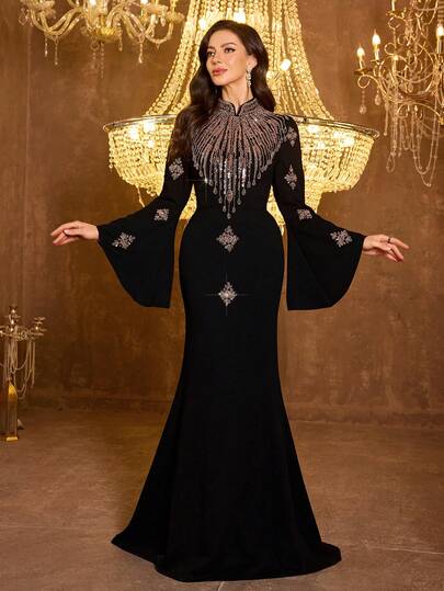  UNITHORSE Women's Mandarin Collar Long Sleeve Fitted Linen Evening Dress