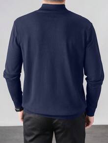 Men's Half-Turtleneck Knit Sweater, Handwash, Solid Color, Knitted Clothing, Casual Basic Pullover Top For Spring & Autumn - Navy Blue - View 2