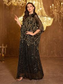 Vestido de noche de satén con cuello Mao, manga larga y aplicaciones de strass hechas a mano para mujer SUPGIR - Negro - Ver 5