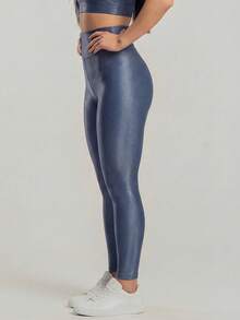 Women's Ribbed High-Waisted Fitness Leggings With A Shimmering Finish, Perfect For Premium Workouts. - Celana jeans biru - View 2