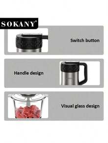 SOKANY 06015 Multifunktionaler Elektrischer Fleischwolf. 3L Große Kapazität, 4-Klingen Zerkleinerer, 4-Stufen Einstellung, Knopfdesign. 800W Hochleistung, Glasmaterial, klarere Innenansicht, geeignet für Zuhause und Restaurant, Lebensmittelblender, Fleischwolf, Knoblauchpresse, Gemüsehacker, Zwiebelwürfler, Gemüsemixer, kabelloser Lebensmittelverarbeiter für Ingwer, Chili, Obst, Fleisch - Übersicht 6