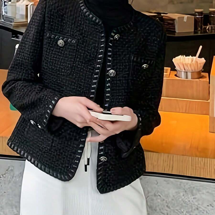 New Women's Classic Elegant Style Short Cardigan Button-Up Fashion Luxury Elegant Blazer Jacket - 黑色 - 查看 1