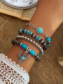 VKME 4/5 Pcs Material Turquoise Bowknot Cactus Boots, Hat, Leaf Elephant Head Pendant Bracelet - Turquoise - View 4