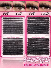640pcs D-Curl Fluffy False Eyelash Clusters, 10D-100D Cluster Lashes, 0.07mm D-Curl 10-16mm Mixed Natural Eyelash Extension, Super Thick Growth Cluster Lashes, Curled Individual Lashes, Slim Long Lashes, Cartoon-Like Growth Lashes, Suitable For Beginners Home Use, 640pcs Super Thick False Eyelashes, 640pcs Large Capacity - Black - View 10