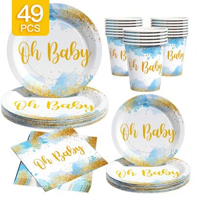 Oh Baby Watercolor Light Blue 8-Guest Disposable Tableware Set, Includes Plates, Napkins And Cups, Suitable For Birthday, Wedding, Party, Family Picnic