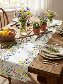 1pc-Spring Wildflower Table Runner: Watercolor Floral & Butterfly Print Design – Durable Polyester Fabric Ideal For Dining Table/Coffee Table/Outdoor Picnic Decor, Easter Holiday Gathering Accent & Spring Seasonal Home Decoration - Multicolor - View 3