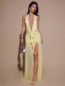 2026BAE Sexy Minimalist Solid Yellow Cream Deep V-Neck Halter Bodycon Ruched Fitted Women's Maxi Mesh Dress, Suitable For Party, Cocktail, Formal Occasions, Bridesmaid, Birthday, Business Casual, Elegant Women Maxi Dress,Valentine's Day,Valentine Fits For WomenLoose And Comfortable,Casual And Easy-Goin - 珊瑚粉 - 查看 11