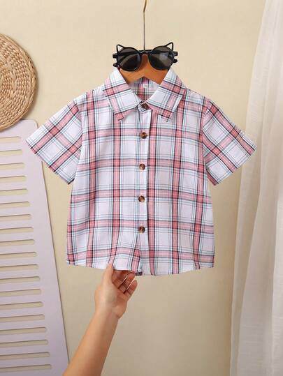 Young Boy Plaid Short Sleeve Single-Breasted Collar Casual Shirt