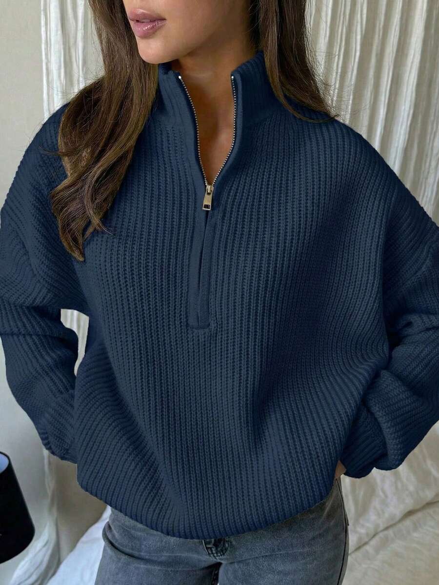 Women's Simple Ribbed Solid Color Casual Korean Textured Commuter Loose Versatile Stand Collar Zipper Half-Placket Pullover Long Sleeve Sweater, Spring/Autumn/Winter