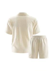 两件套白色 Polo 领男士短袖短裤套装，透气千鸟格纹理面料，基础休闲风，休闲度假风，亨利领，男士休闲套装，可机洗，适合海滩度假、沙滩漫步、休闲外出。 - 白色 - 查看 4