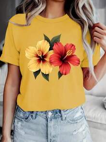 Camiseta Feminina Premium 100% Algodão Confortável Estilosa Soifisticada Modelo: Flores Vermelha Amarela- Novidade Promoção Especial - Amarelo - Visão 1