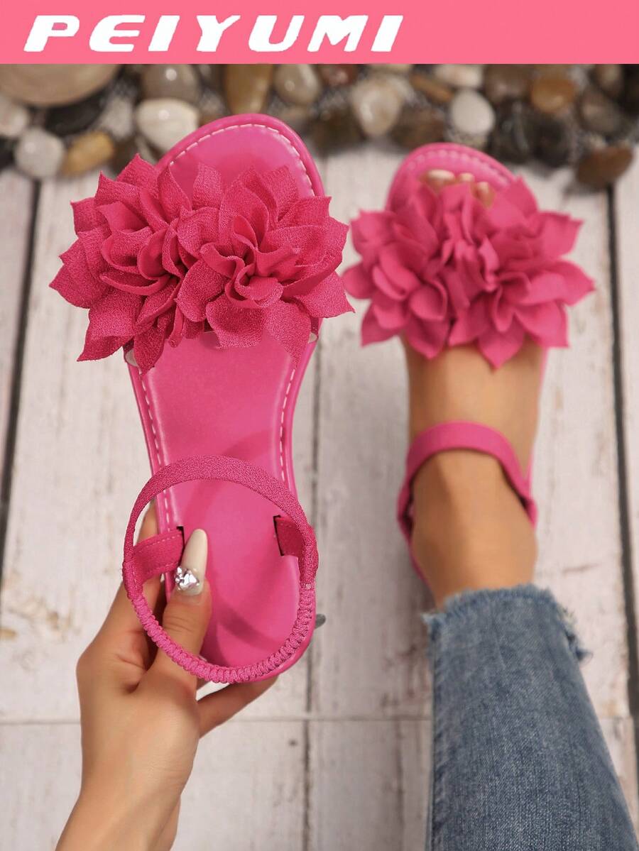 PEIYUMI Women's Sandals, Summer Beach Floral Decor Sandals, Stretchy Elastic, Easy To Carry - Hot Pink - View 1