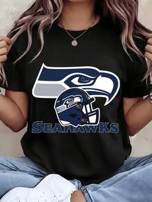 Unisex Seahawks Logo And Helmet Print T Shirt For Football Fans Game Day Celebration Family Couple Outfit Pure Cotton Co - 黑色 - 查看 1