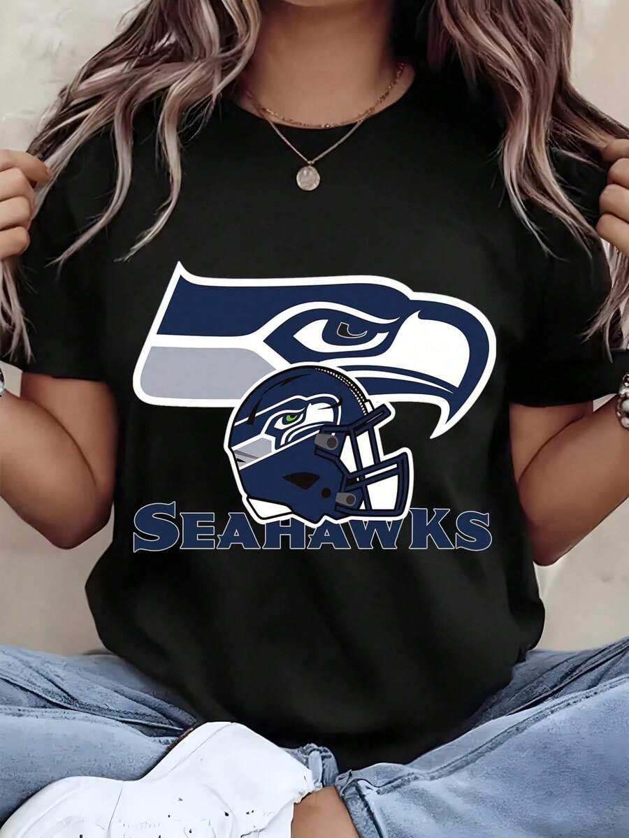 Unisex Seahawks Logo And Helmet Print T Shirt For Football Fans Game Day Celebration Family Couple Outfit Pure Cotton Co - 黑色 - 查看 1