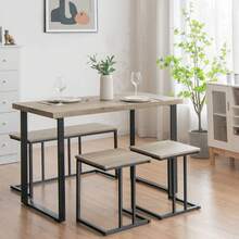 COSTWAY 4 Piece Dining Table Set, Counter Height Table Set W/One Long Bench & Two Stools For 4, Space-Saving Dining Table Set For Kitchen, Dining Room, Restaurant, Metal Frame, Grey - Grey - View 1
