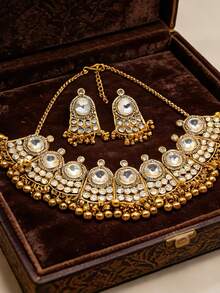 3件套奢华南亚风水钻水晶首饰套装，铃铛流苏项链套装，适合女性节日、宴会和日常佩戴，新娘婚礼首饰 - 金色 - 查看 1